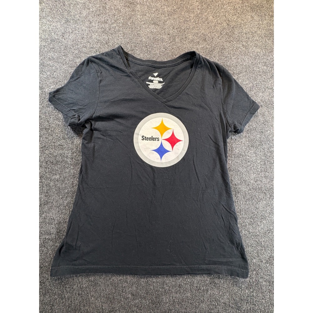 Fanatics Pittsburgh Steelers Womens V-Neck T-Shirt Black Cotton Logo Small